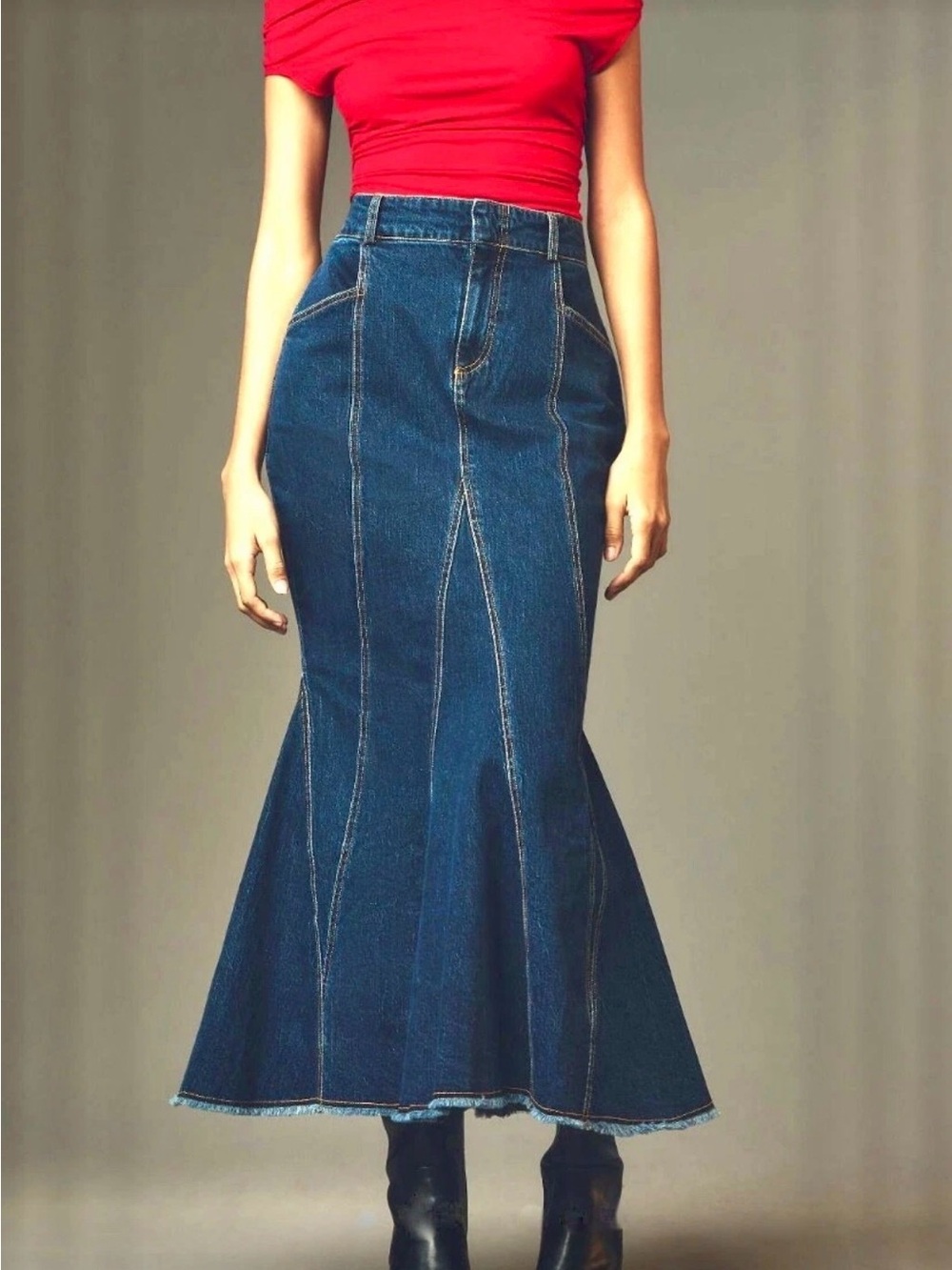 Pilcro Dark Blue Denim Flare Maxi Skirt